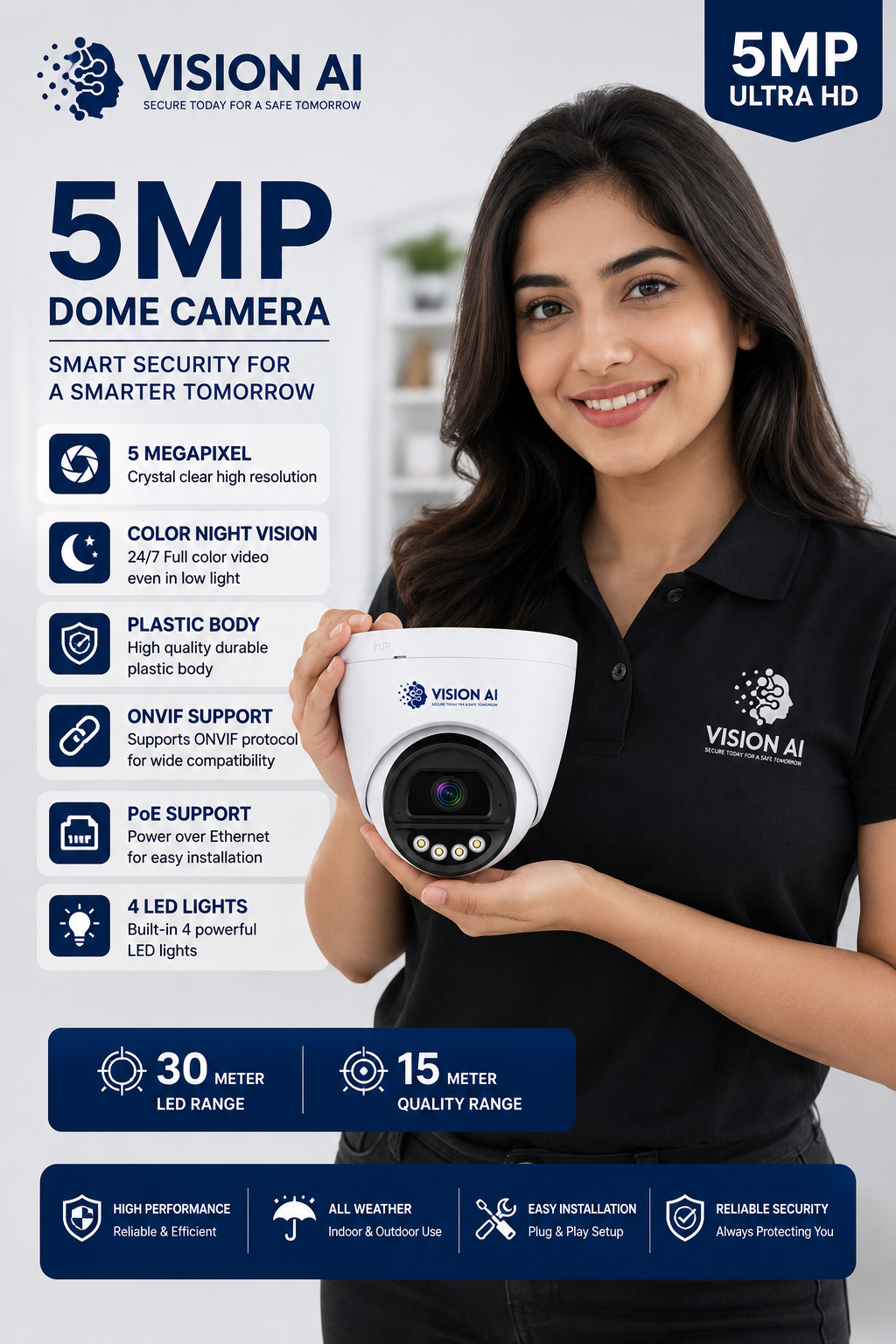 Vision AI 5MP Smart Dome Camera with 4 LED Lights & Full Color Night Vision  (VAI-PD-5A)